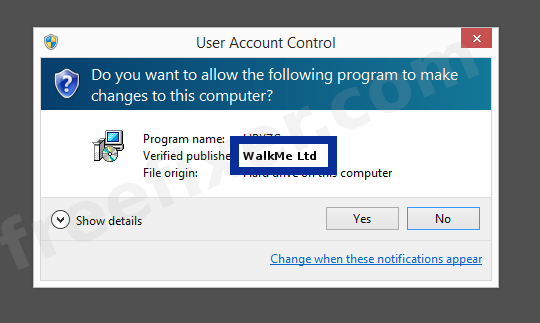 Screenshot where WalkMe Ltd appears as the verified publisher in the UAC dialog